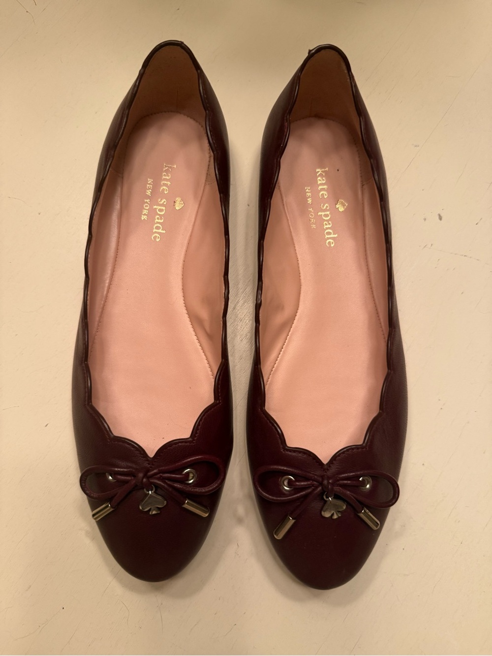 kate spade Burgundy Scalloped Leather Ballet Flats with Bow